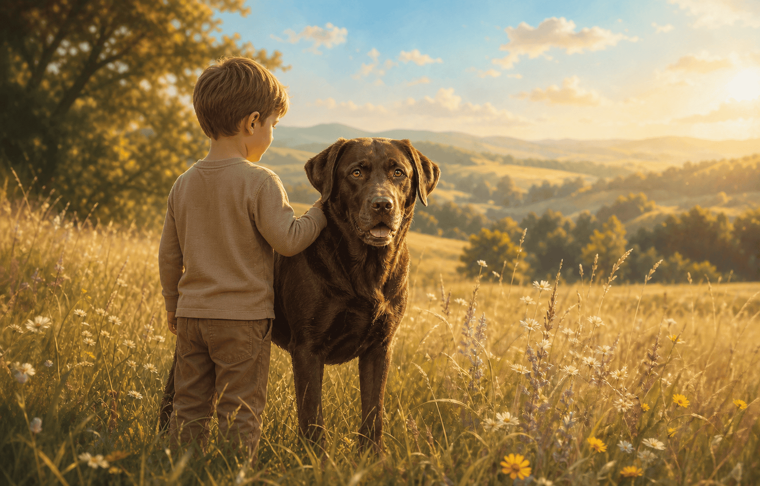 A dog and their companion in a warm meadow memory