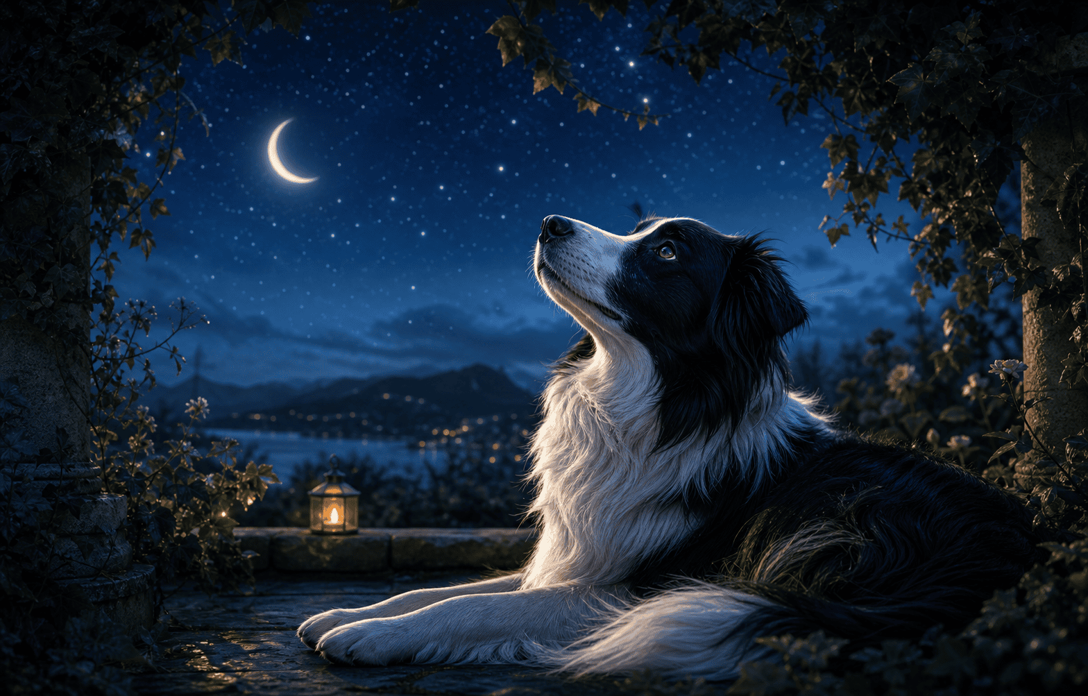 A dog beneath a starlit night sky