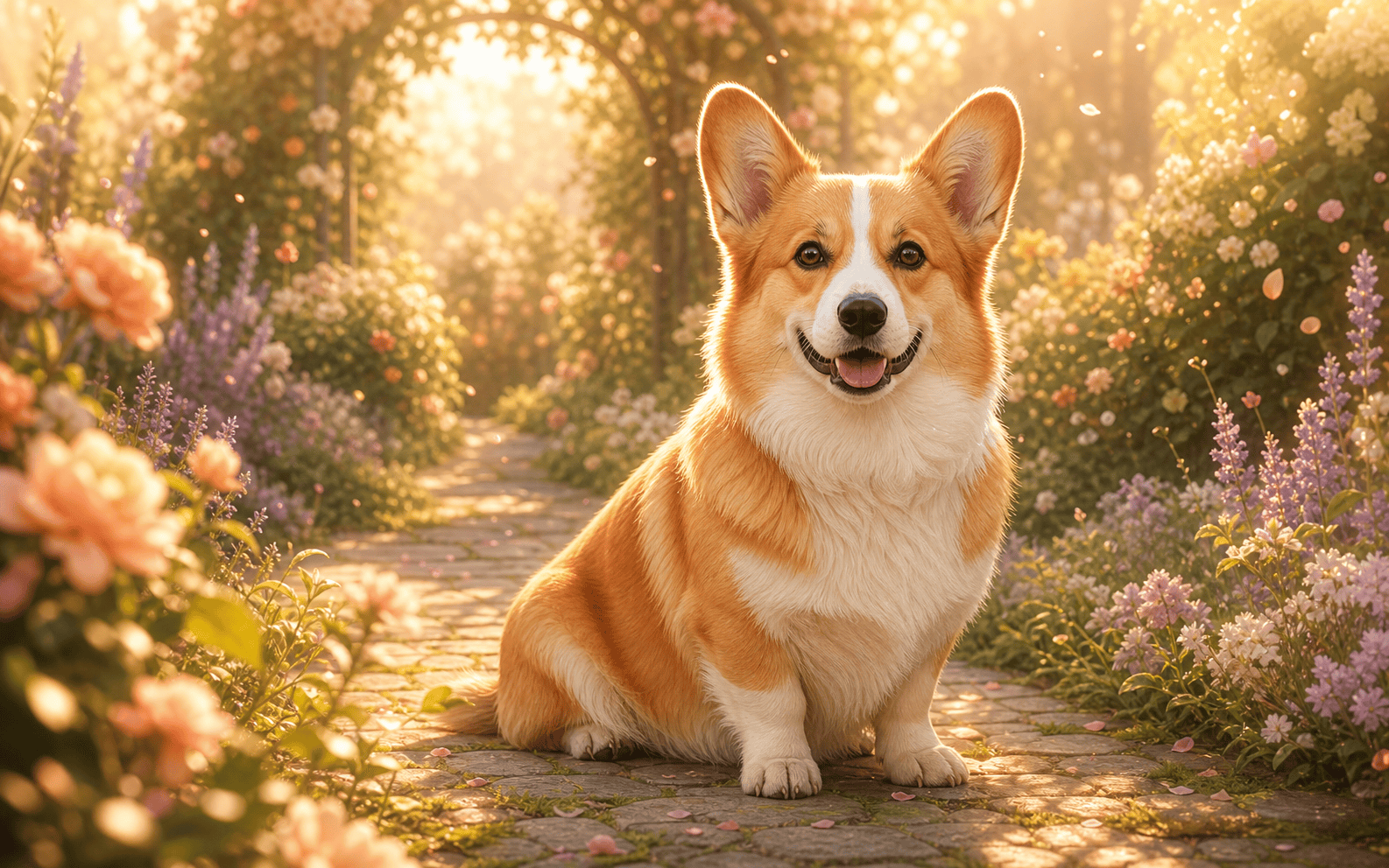 A dog standing in a sunlit flower garden